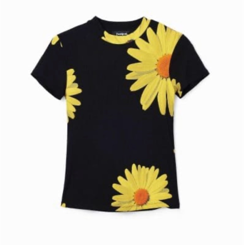 Desigual Black Mock Neck stretchy top Yellow Sunflower Print XL New with Tags